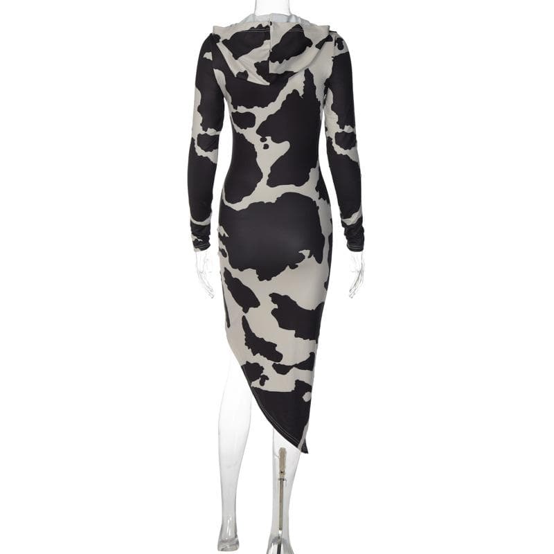 Cow Print Hooded Long Sleeve Bodycon Maxi Dress