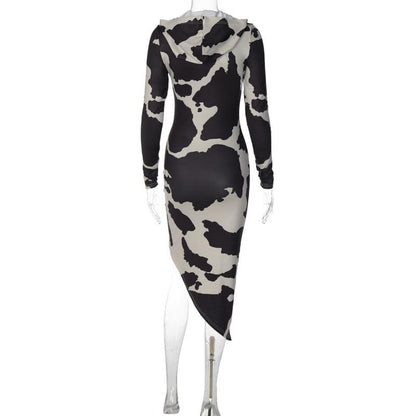Cow Print Hooded Long Sleeve Bodycon Maxi Dress