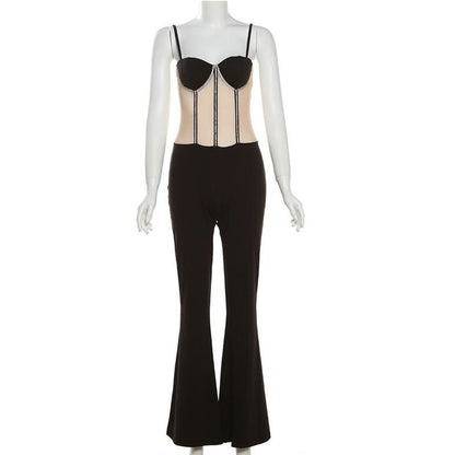 Beaded mesh patchwork cami jumpsuit-final-sale