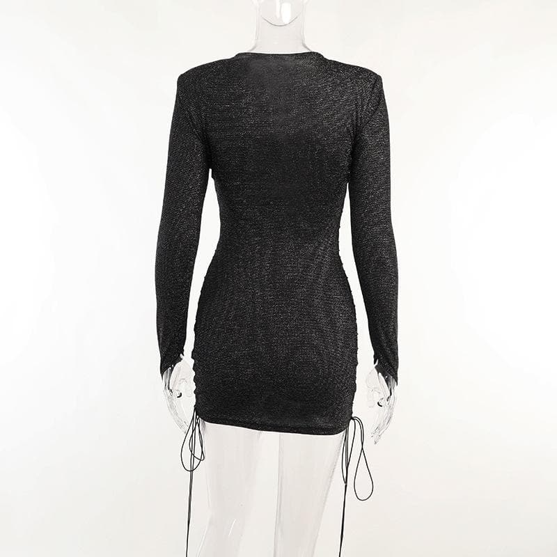 Crew Neck Long Sleeve Front Lace Up Side Lace Up Glitter Knit Mini Dress