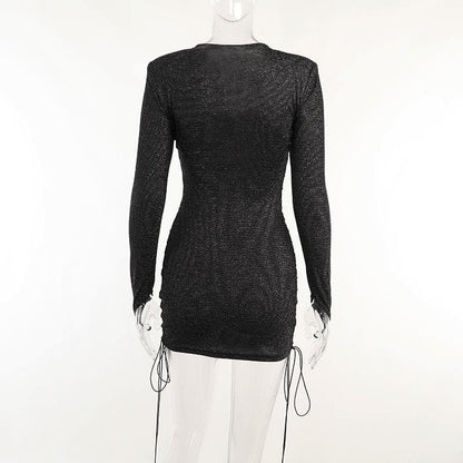 Crew Neck Long Sleeve Front Lace Up Side Lace Up Glitter Knit Mini Dress