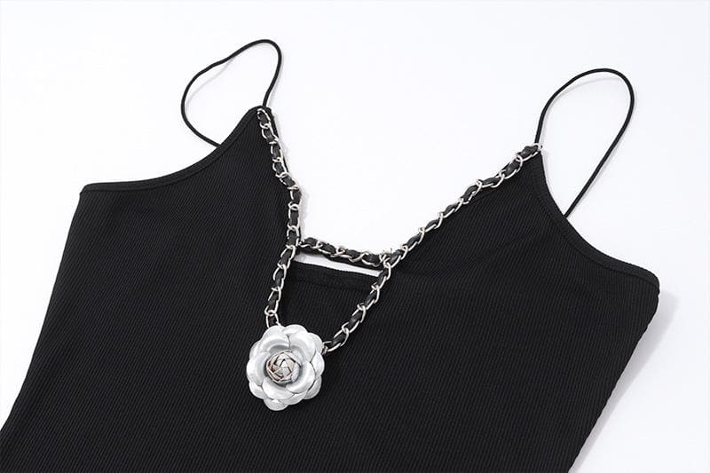 V neck flower applique hollow out cami cut out top
