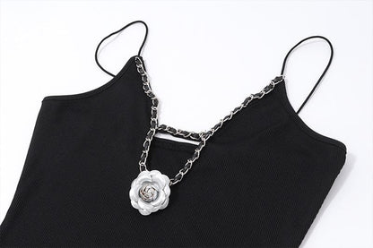 V neck flower applique hollow out cami cut out top