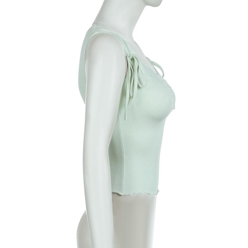 Ruffle ribbed bowknot solid ruched top