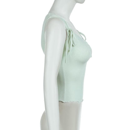 Ruffle ribbed bowknot solid ruched top
