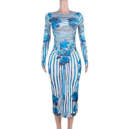 Crewneck long sleeve striped flower print midi dress