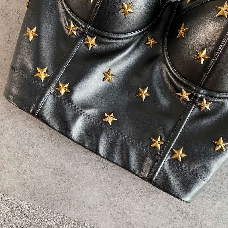 PU leather star applique button cami top