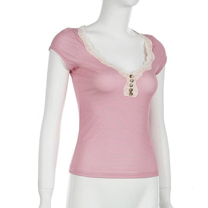 Short sleeve lace hem striped print button top
