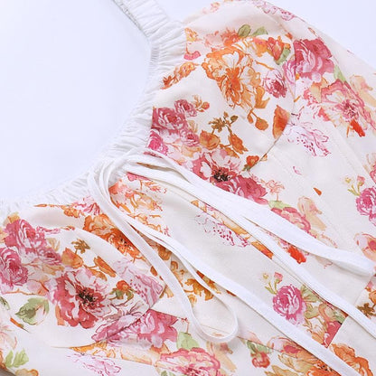 Floral Print Ruched Tie Neck Wide Strap Sleeveless A-Line Maxi Dress
