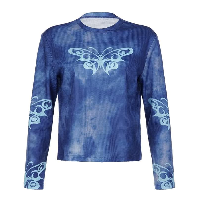 Butterfly pattern long sleeve tie dye crewneck top-final-sale
