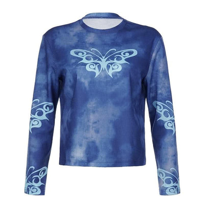 Butterfly pattern long sleeve tie dye crewneck top-final-sale