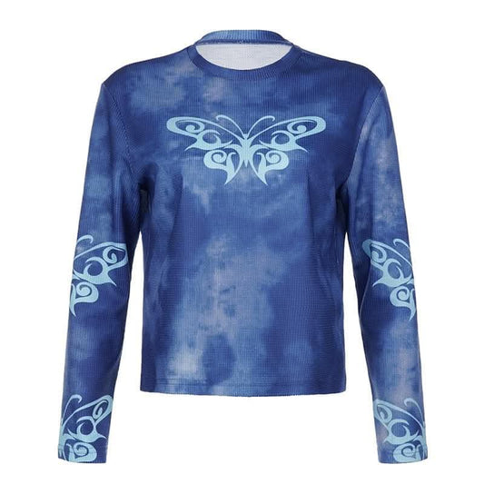 Butterfly pattern long sleeve tie dye crewneck top-final-sale
