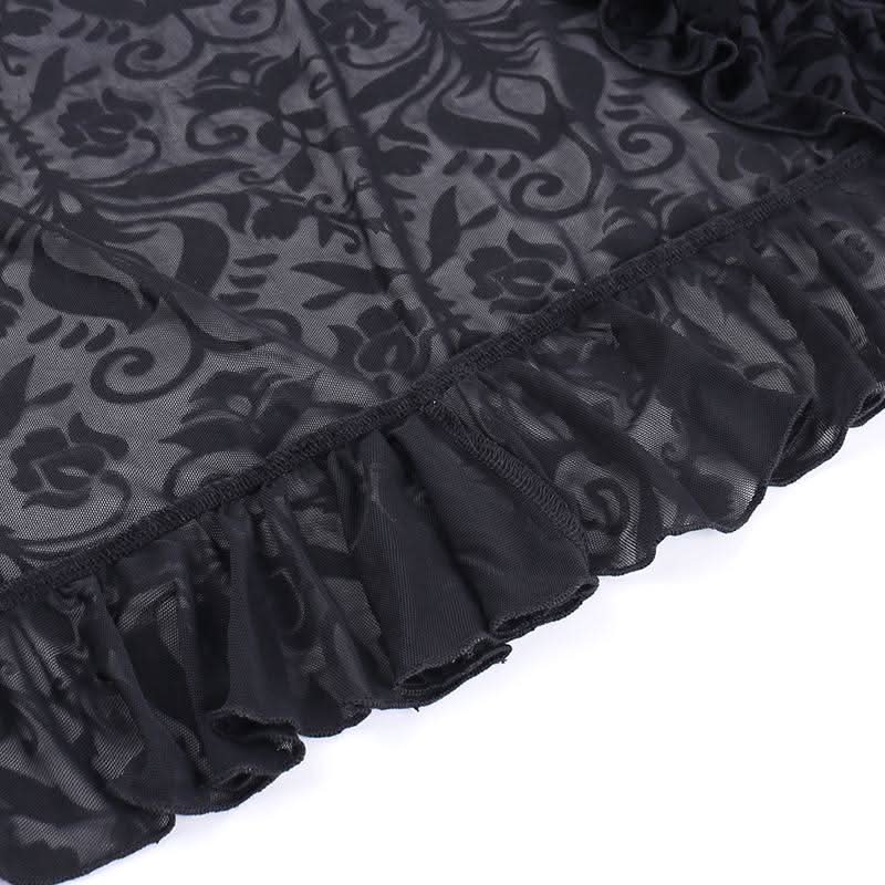 Irregular ruffle ruched print mesh mini skirt