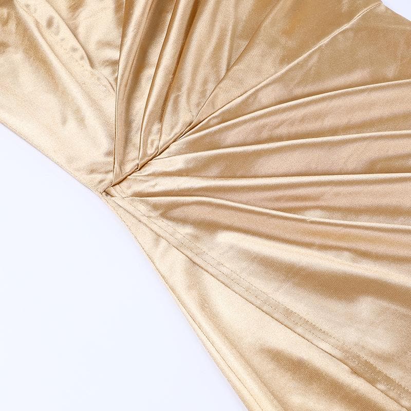 One Shoulder Spaghetti Strap Ruched Side Slit Satin Midi Dress