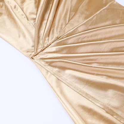 One Shoulder Spaghetti Strap Ruched Side Slit Satin Midi Dress