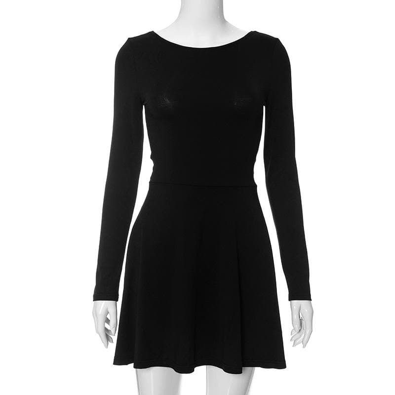 Square Neck Long Sleeve Lace Up Flared Skater Mini Dress