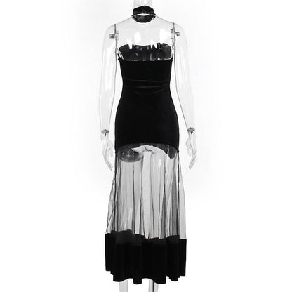 Ruched velvet mesh patchwork tube midi dress
