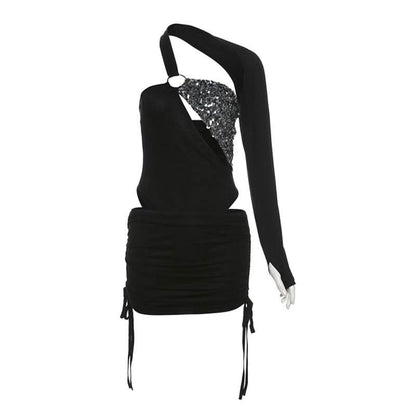 Irregular long sleeve gloves o ring glitter mini skirt set