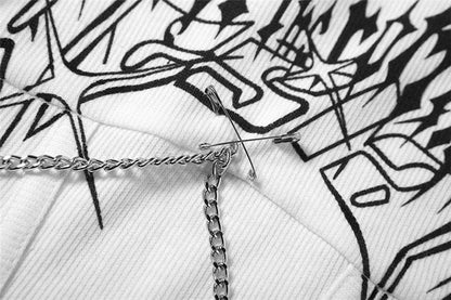 Abstract print metal chain short sleeve crop top