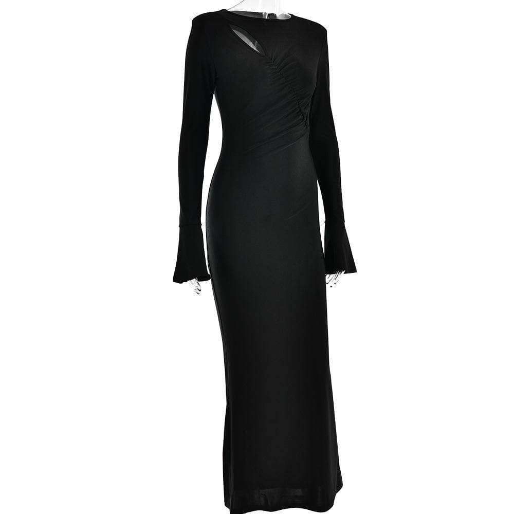 Ruched solid hollow out irregular long sleeve cut out maxi dress