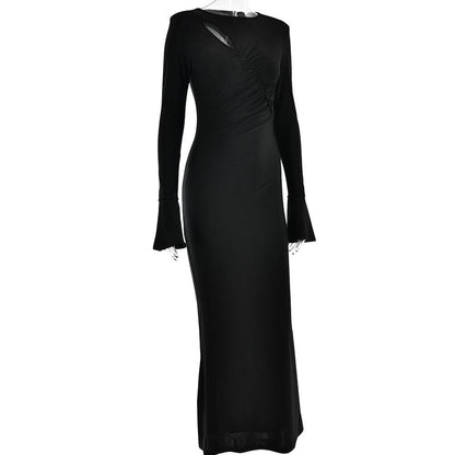 Ruched solid hollow out irregular long sleeve cut out maxi dress