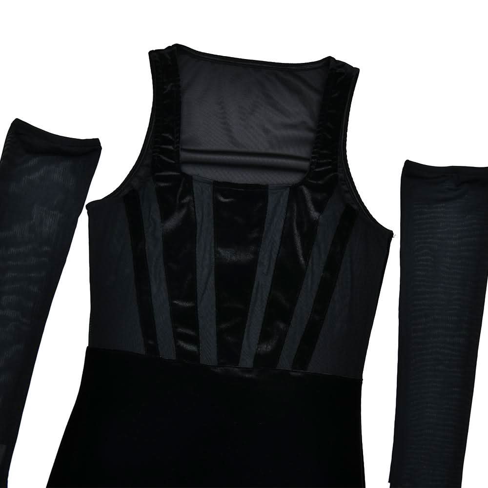 Square neck gloves mesh patchwork velvet mini dress