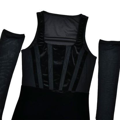 Square neck gloves mesh patchwork velvet mini dress