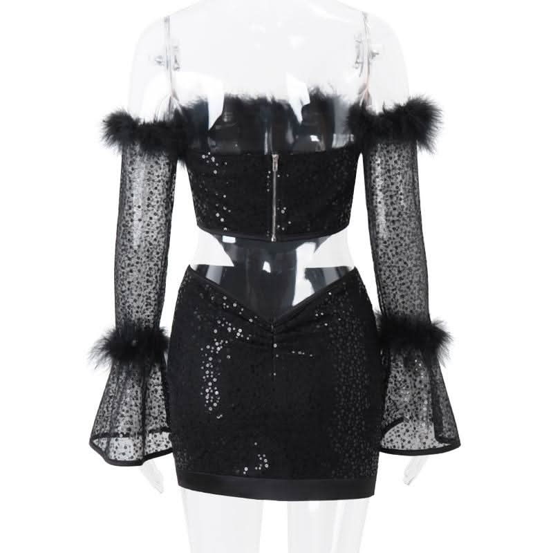 Long flared sleeve glitter feather off shoulder top