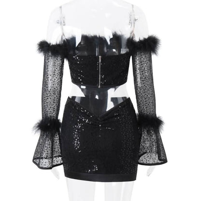 Long flared sleeve glitter feather off shoulder top