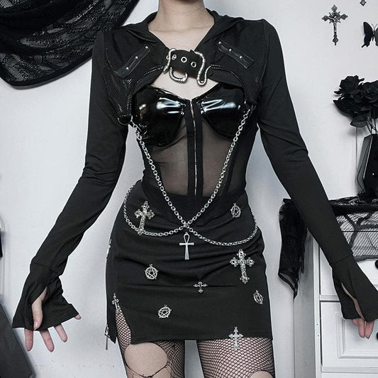 Patchwork metal chain buckle hoodie long sleeve crop top
