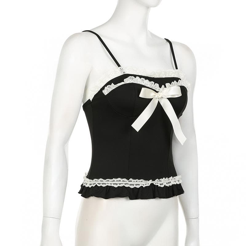 Lace hem ruffle bowknot contrast cami top