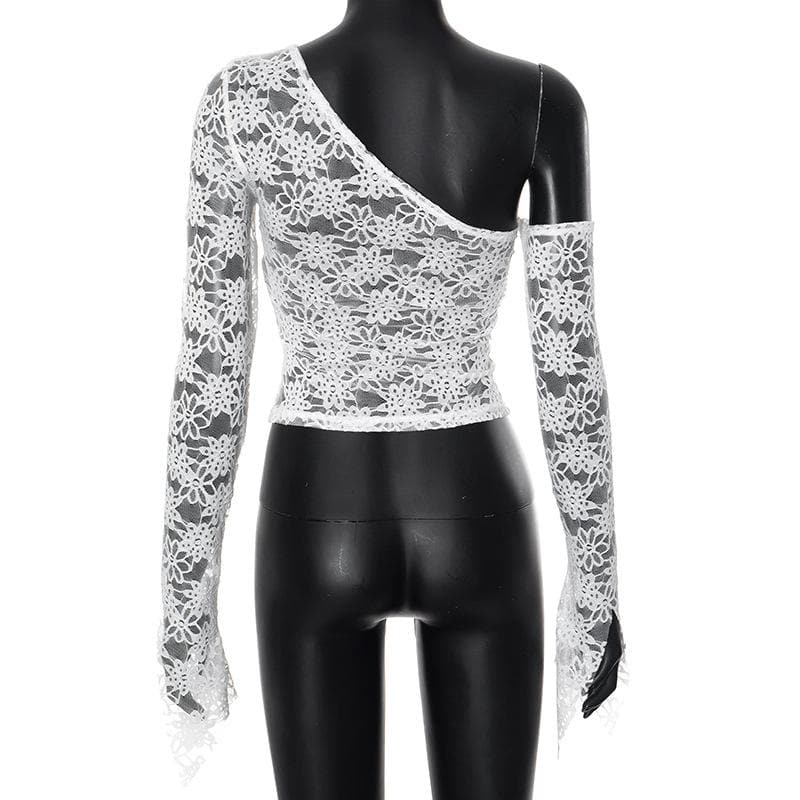Long flared sleeve bowknot one shoulder lace top