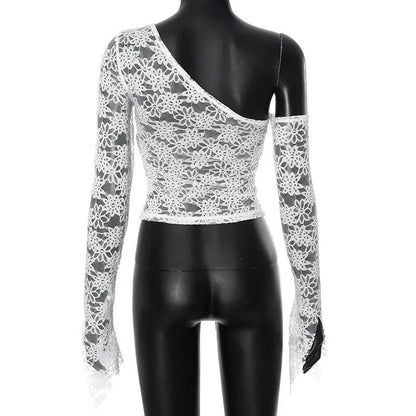 Long flared sleeve bowknot one shoulder lace top