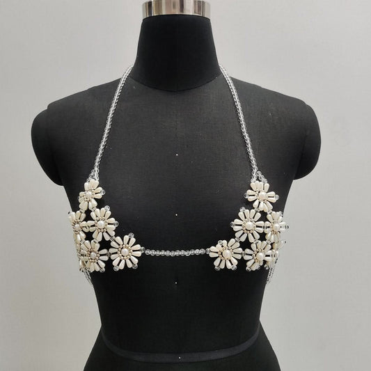 Halter beaded flower pattern backless top