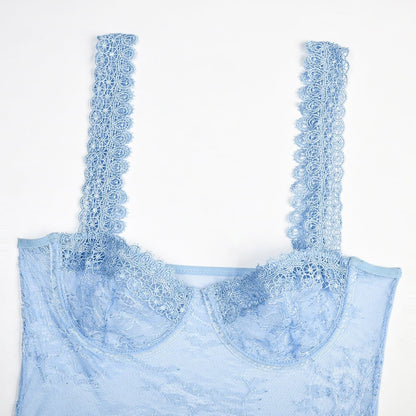 Sheer lace see through backless cami bodysuit