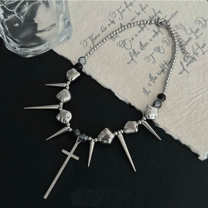 Silver cross rivet metal chain choker necklace