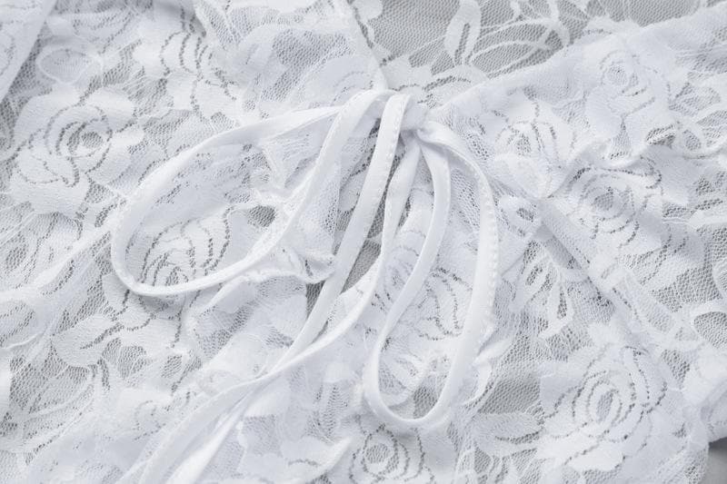 Long flared sleeve ruffle lace see through mini dress