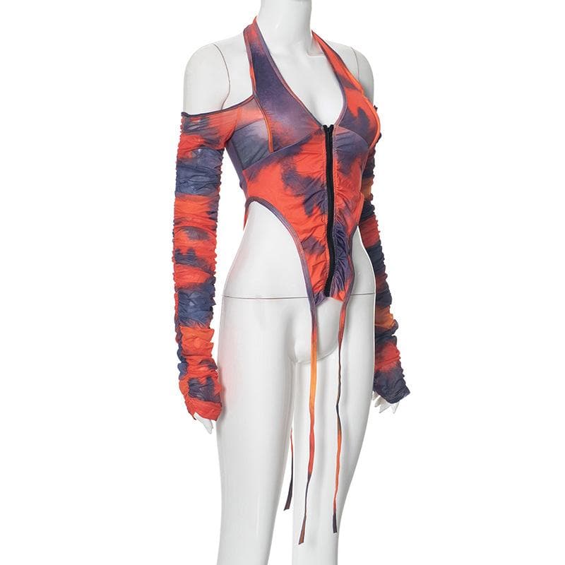 Halter long sleeve off shoulder zip-up ruched top