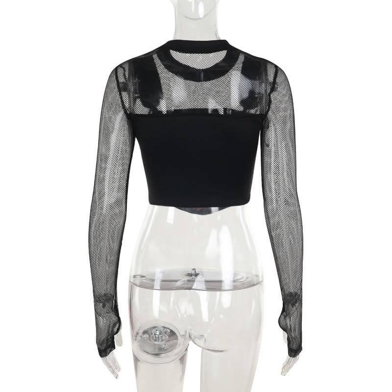 Crewneck long sleeve demon embroidery fishnet patchwork top