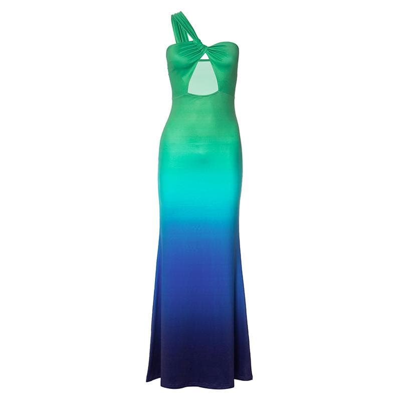 One shoulder gradient ruched cami maxi dress