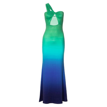 One shoulder gradient ruched cami maxi dress