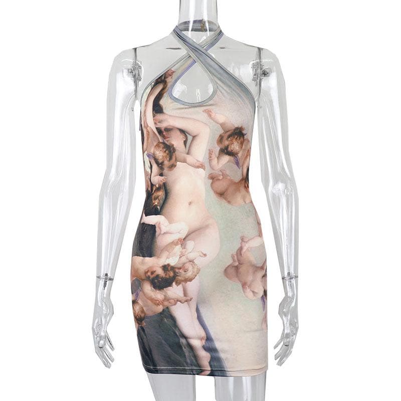Halter ruched hollow out print backless cut out mini dress