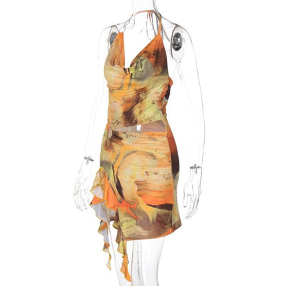 Halter print cowl neck o ring ruffle mini dress