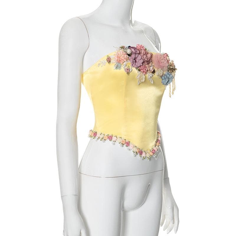 Satin bustier flower applique zip-up tube top