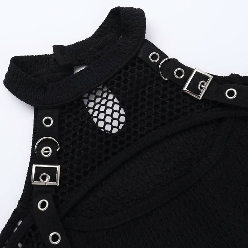 Off shoulder long sleeve fishnet patchwork buckle top