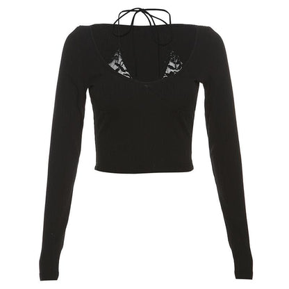 Patchwork halter solid long sleeve crop top