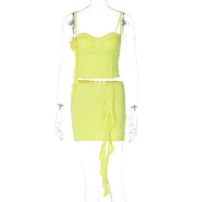 Flower applique solid ruffle ribbon cami mini skirt set-final-sale