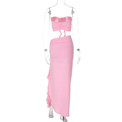 Flower applique ruffle high slit ruched tube skirt set-final-sale