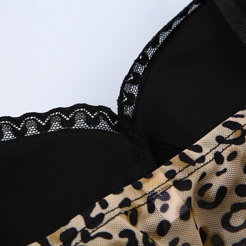 Bowknot leopard print mesh lace hem cami top