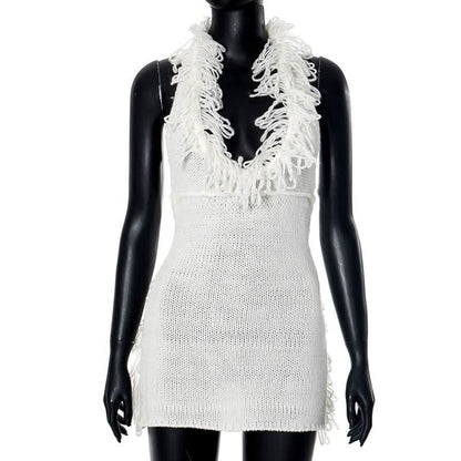 Halter self tie tassels knitted backless mini dress